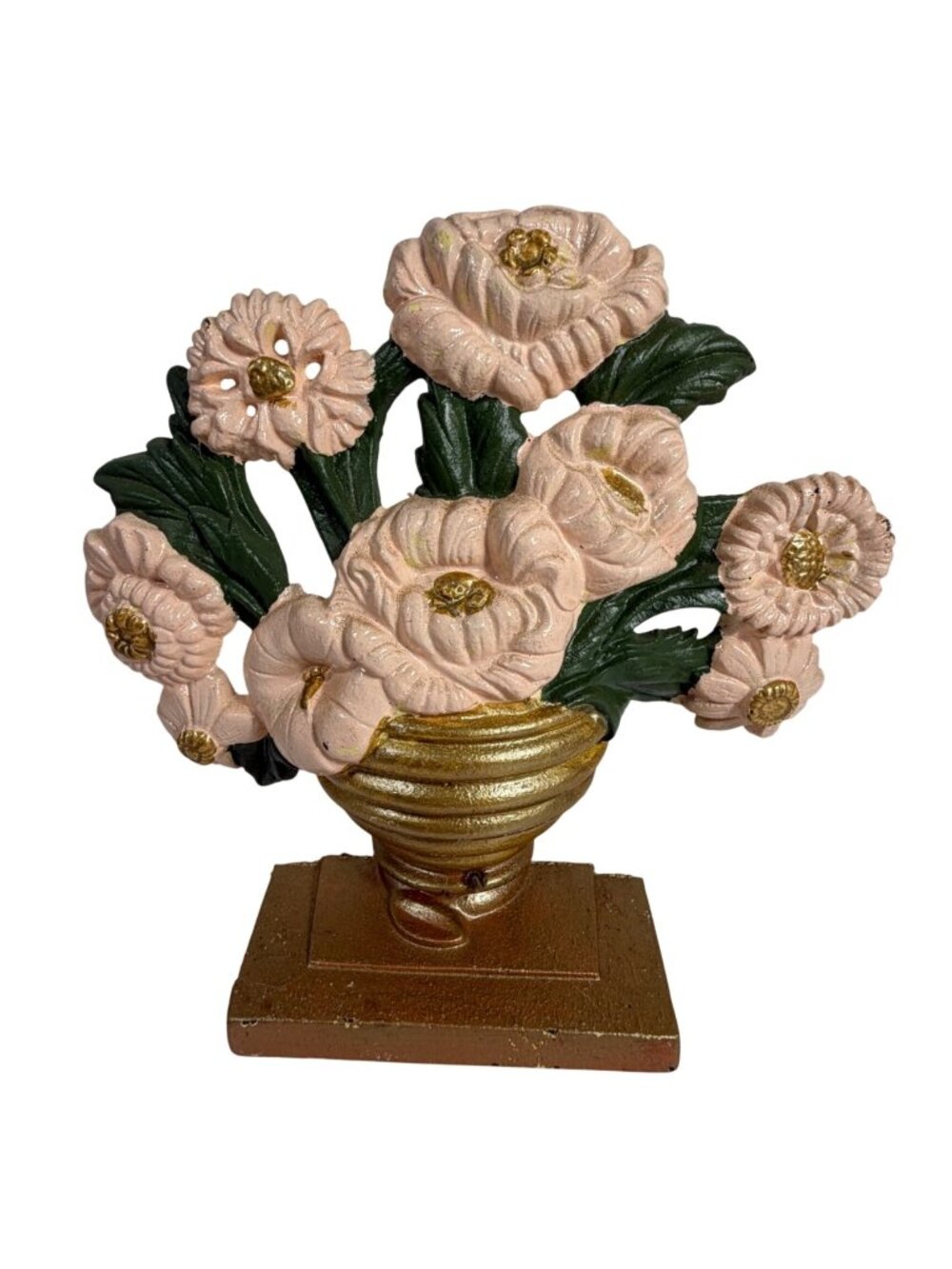 Vintage Cast Iron Floral Doorstop Marigolds Hand-Painted Design Collectible